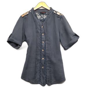 Romeo Giulia Women 100%Linen Button Down Blouse Navy Blue Tunic 3/4 Sleeve Sz L
